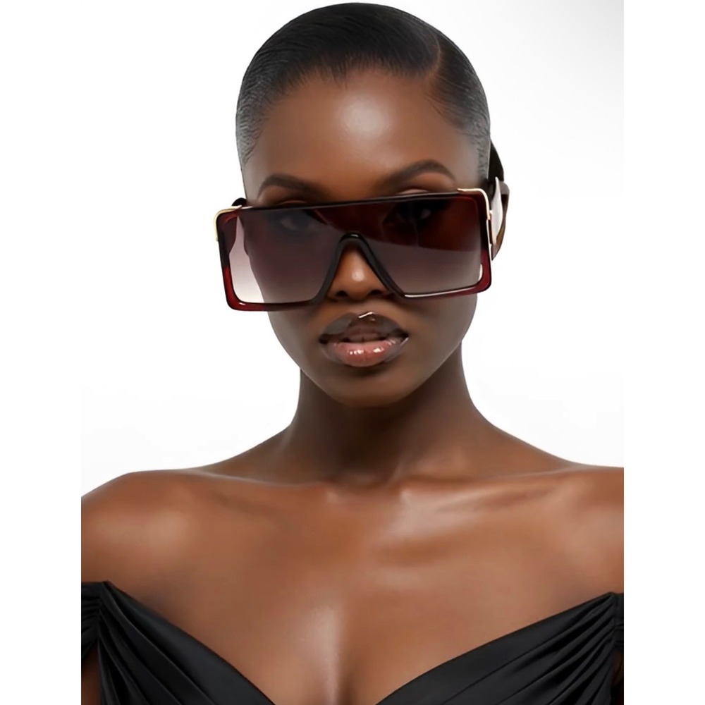 Oversized Fashion Design Sunglasses Brown Gradient Gold Hardware Flat Top Women - Picture 8 of 12